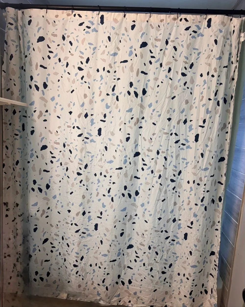 Modern Terrazzo Print Fabric Shower Curtain Blue Navy Tan White 72x72